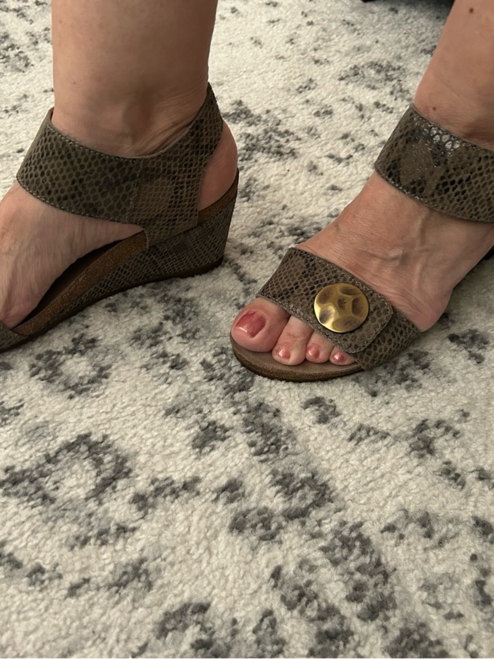 Taos Footwear Olive Snake-Embossed Wedge Sandals with Brass Accent